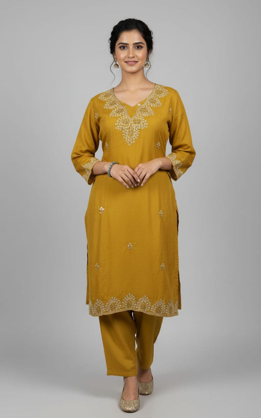 Yellow Luxe Embroidered Kurta Pant Set