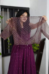 Purple Embroidery Work Long Georgette Anarkali Gown