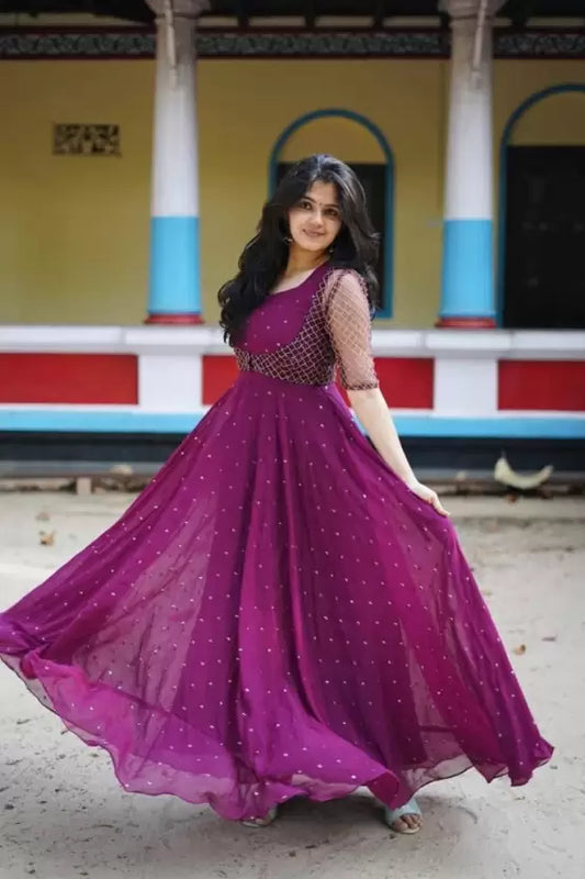 Purple Embroidery Work Long Georgette Anarkali Gown