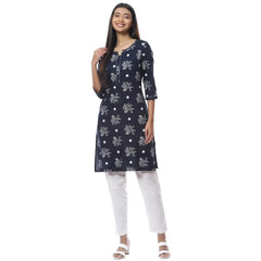 2bme Branded Round Neck Regular Fit Kurta - Navy Blue