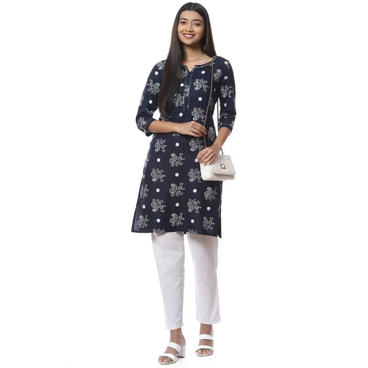 2bme Branded Round Neck Regular Fit Kurta - Navy Blue