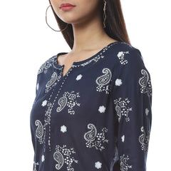 2bme Branded Round Neck Regular Fit Kurta - Navy Blue