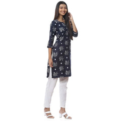 2bme Branded Round Neck Regular Fit Kurta - Navy Blue