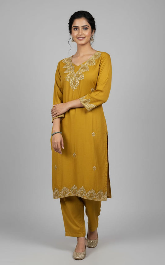 Yellow Luxe Embroidered Kurta Pant Set