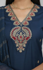 Navy Blue Embroidered Kurta Pant With Dupatta