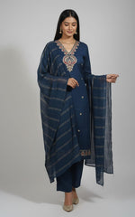 Navy Blue Embroidered Kurta Pant With Dupatta