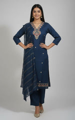 Navy Blue Embroidered Kurta Pant With Dupatta