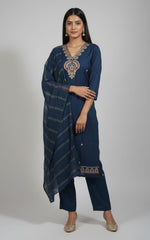 Navy Blue Embroidered Kurta Pant With Dupatta