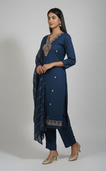 Navy Blue Embroidered Kurta Pant With Dupatta