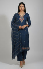 Navy Blue Embroidered Kurta Pant With Dupatta