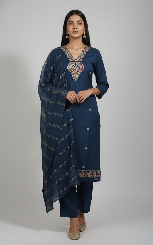 Navy Blue Embroidered Kurta Pant With Dupatta
