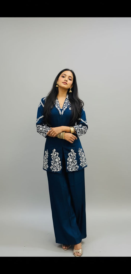 Elegant Navy Blue Embroidered Co-ord Set