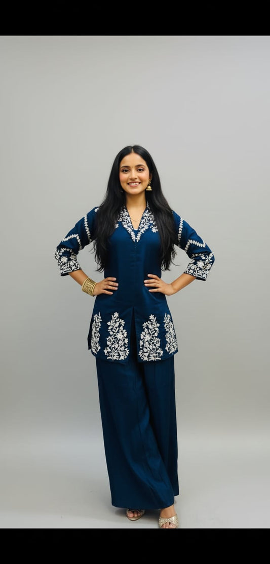 Elegant Navy Blue Embroidered Co-ord Set