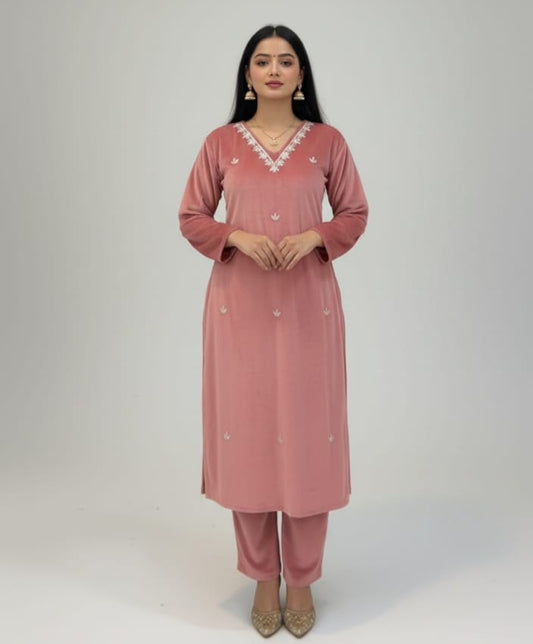 Velvet Luxe – Embroidered Peach pink Suit
