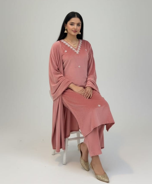 Velvet Luxe – Embroidered Peach pink Suit
