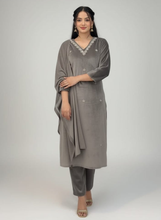 Velvet Luxe – Embroidered Grey Suit