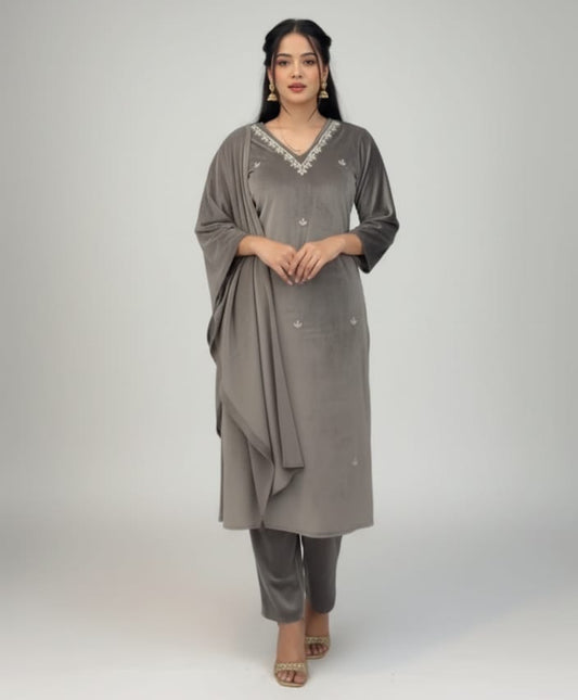 Velvet Luxe – Embroidered Grey Suit
