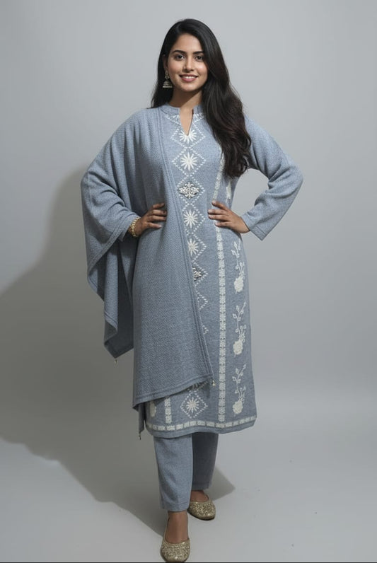 Elegant Ice-Blue Kashmiri Embroidered Winter Suit