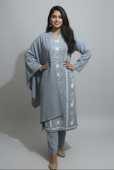Elegant Ice-Blue Kashmiri Embroidered Winter Suit