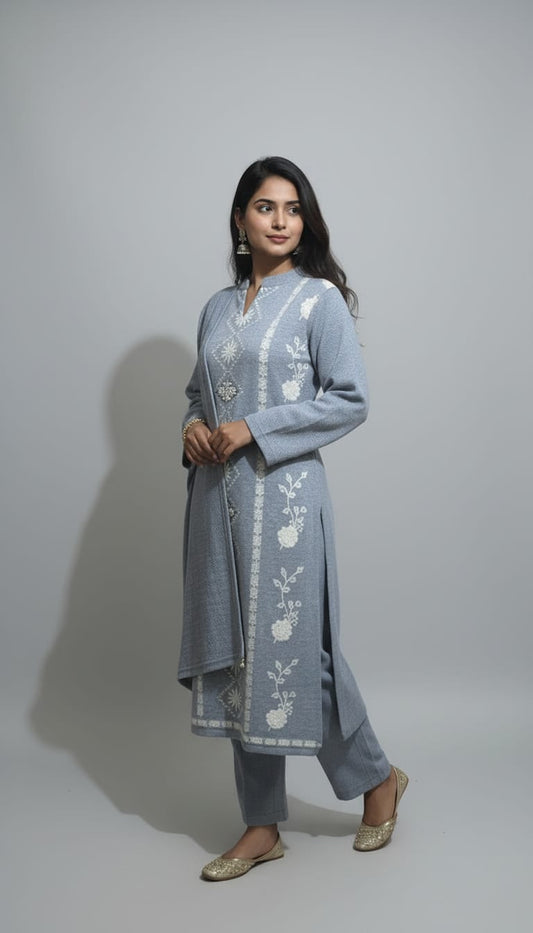 Elegant Ice-Blue Kashmiri Embroidered Winter Suit