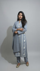 Elegant Ice-Blue Kashmiri Embroidered Winter Suit