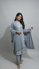 Elegant Ice-Blue Kashmiri Embroidered Winter Suit