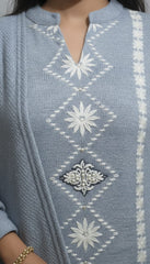 Elegant Ice-Blue Kashmiri Embroidered Winter Suit