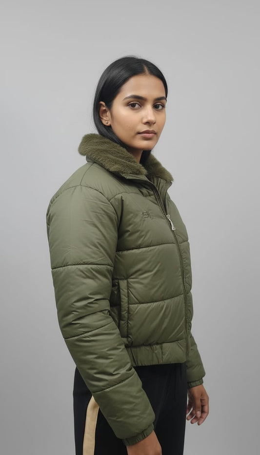 Olive Fur Collar Puffer Jacket