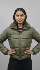 Olive Fur Collar Puffer Jacket